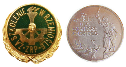 Złota Odznaka  Rzemiosła za szkolenie uczni&oacute;w w rzemiośle dla Pana Czesława Sierakowskiego nadana przez Związek Rzemiosła Polskiego Platynowy Medal im. Jana Kilińskiego za zasługi dla Rzemiosła Polskiego nadany w 2016 roku przez Związek Rzemiosła