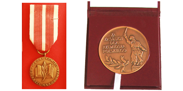 Medal Komisji Edukacji Narodowej za szczeg&oacute;lne zasługi dla oświaty i wychowania nadany przez Ministra Edukacji Narodowej w 2001 roku Złoty Medal im. Jana Kilińskiego za zasługi dla Rzemiosła Polskiego nadany w 2011 roku przez Związek Rzemiosła Polskiego
